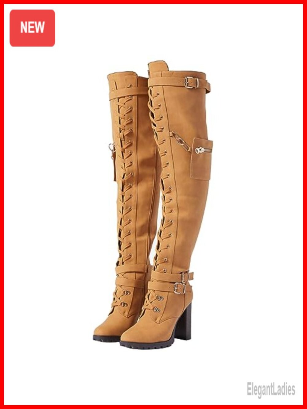 Women's Wide Calf Over the Knee Boots 4.13" Block Heel Lace Up Zip